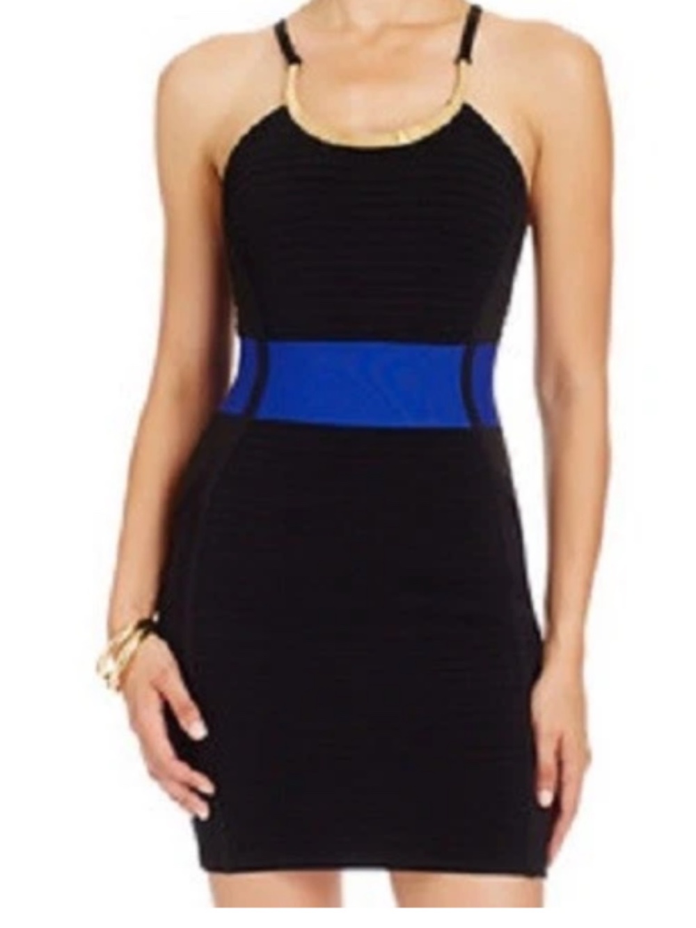 NWT Bebe 2b black blue contrast gold neck bandage straps sweater dress